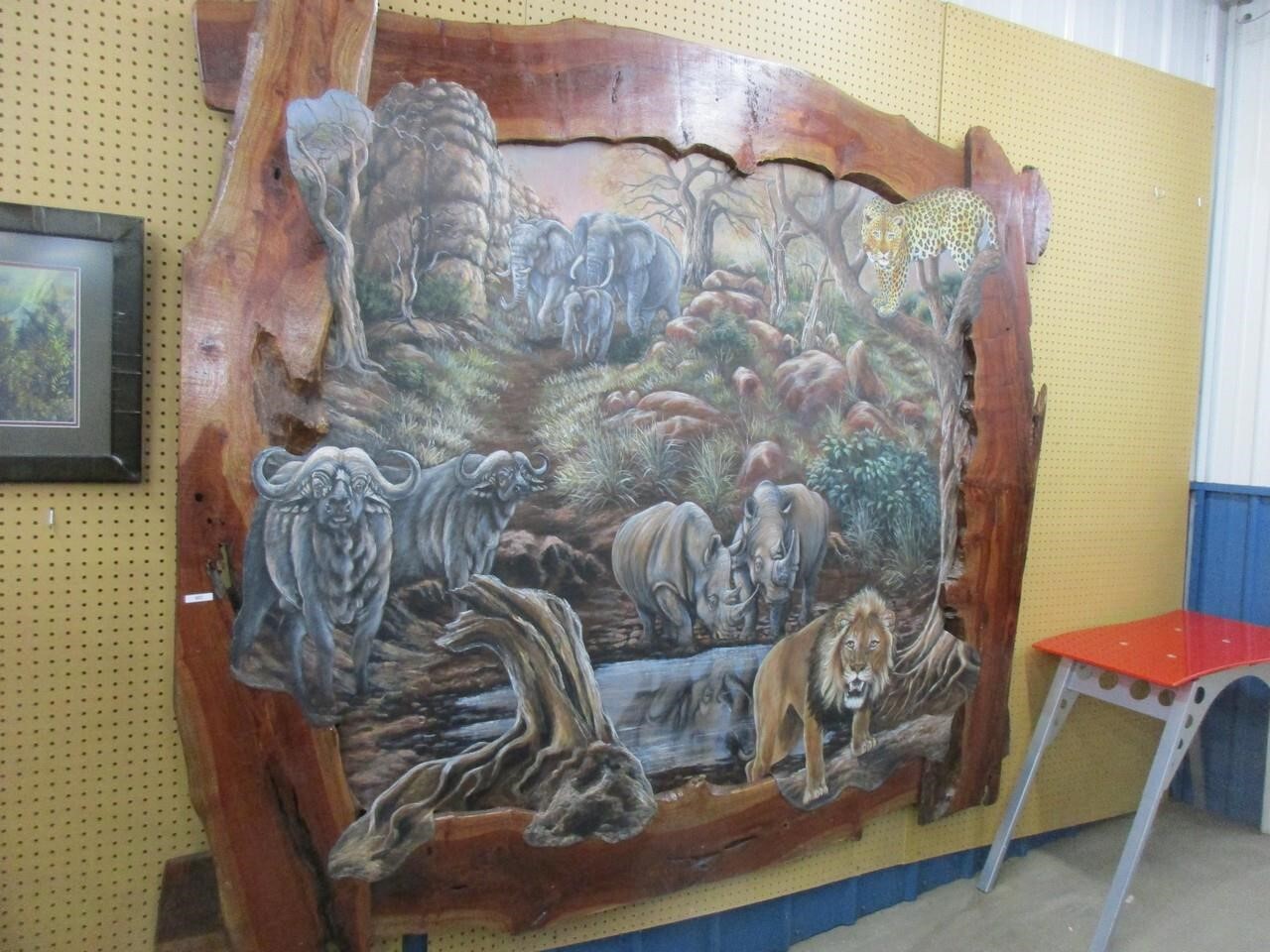 large African scene painting on leather