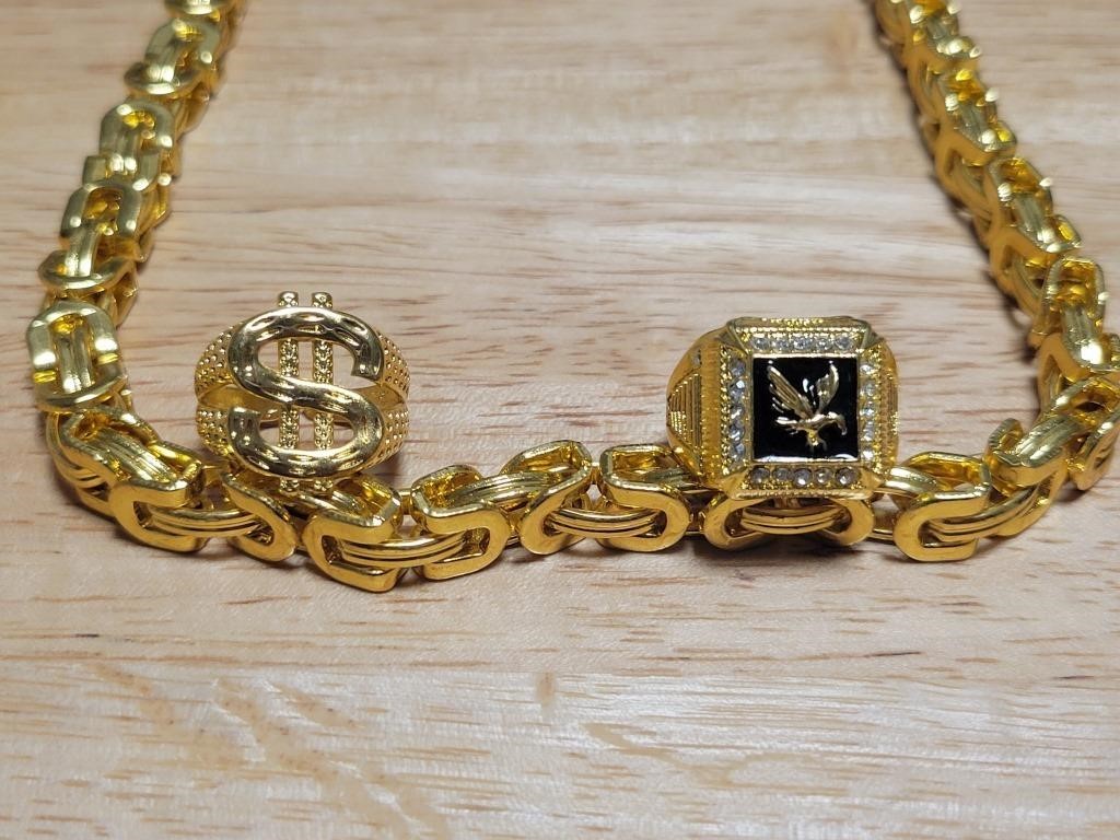 Chunky Goldtone Chain w/ 2 Men's Bling Rings