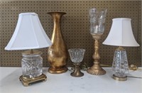Crystal & Brass Lamps, Gilted Vase & Lamp