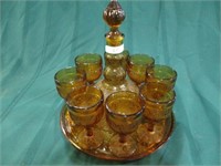 Amber glass decanter, tray & 8 glasses