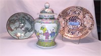 3 PIECES OF ASIAN PORCELAIN-JAR,PLATE, BOWL