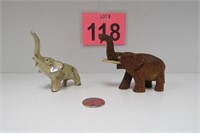 2 Elephants Wood Hand Carved & Painted Pewter
