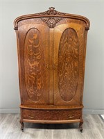 Antique Tiger Oak Wardrobe w/ Bottom Drawer