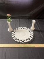 Doric Lace cake plate, vases, and ceramic flower