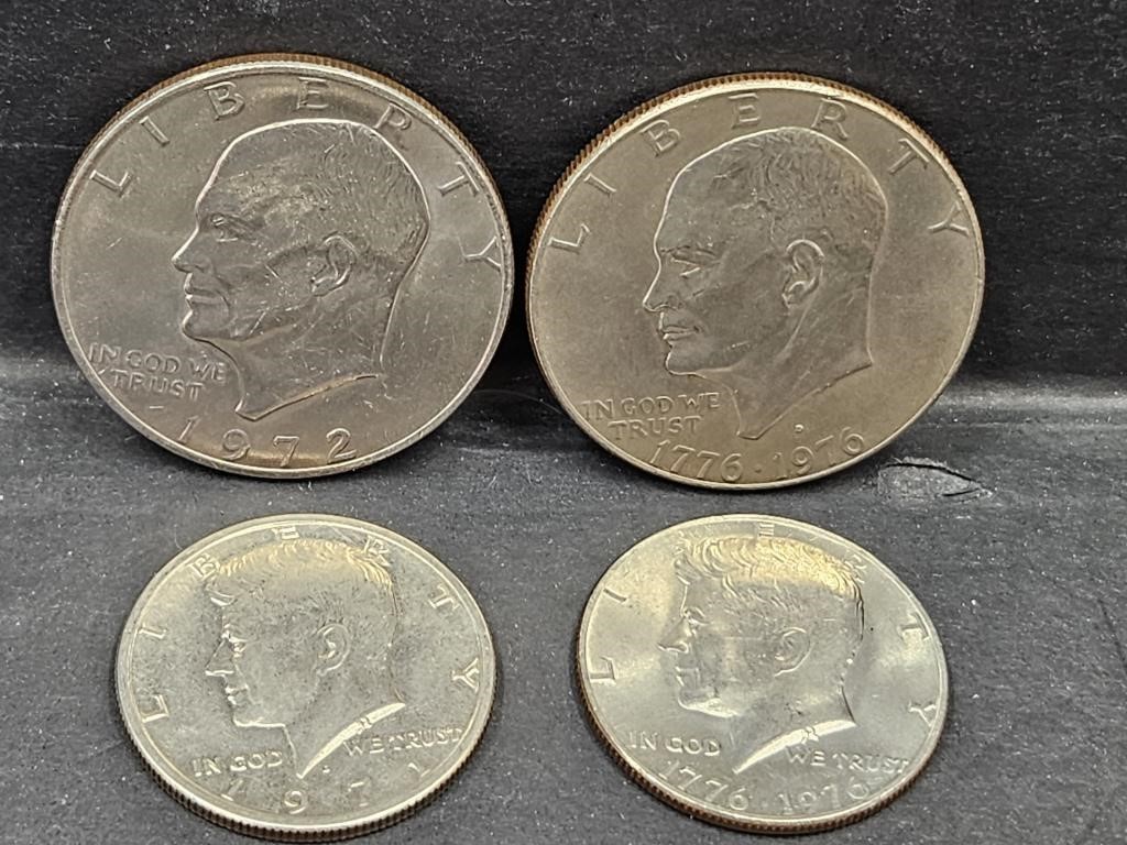 2 Ike Dollar Coins & 2 Kennedy Half Dollar Coins