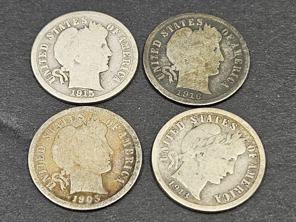 4 Silver Barber Dime Coins