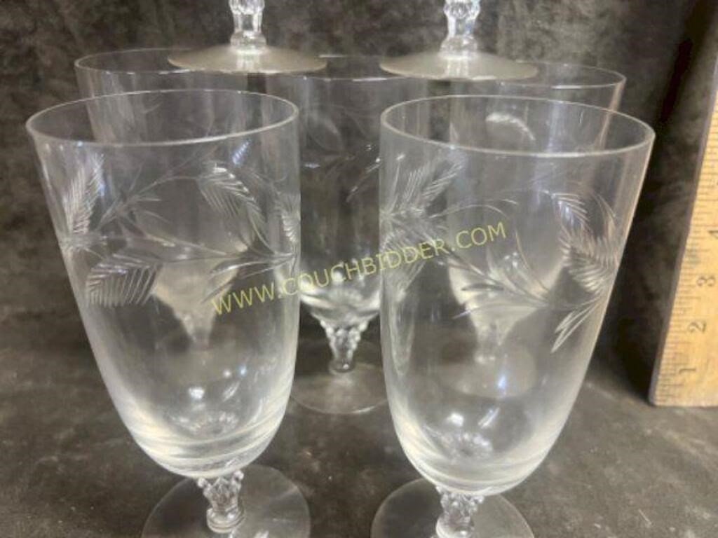 Glastonbury crystal etched wheat water goblets