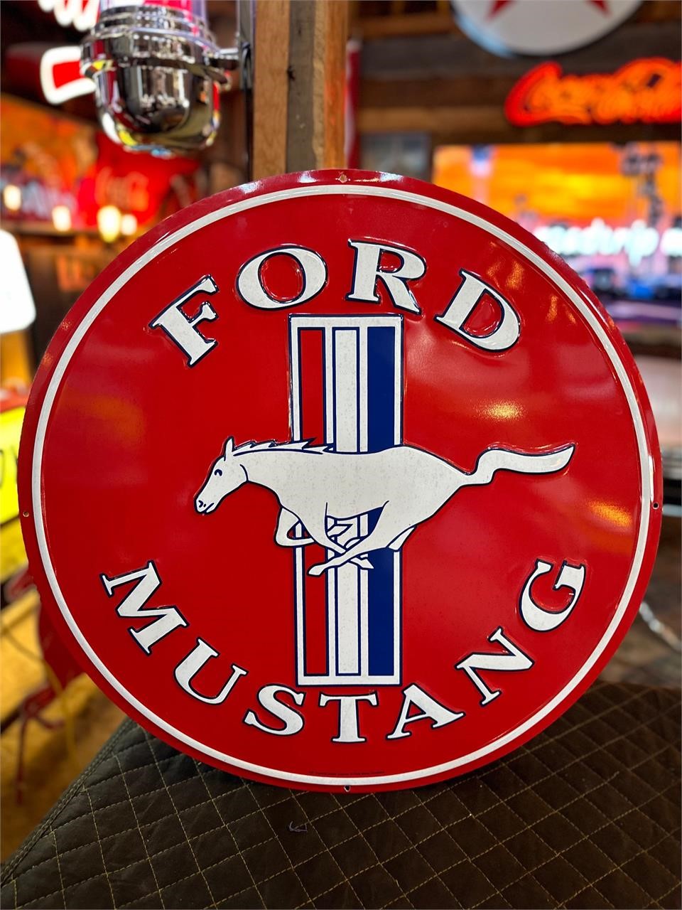 2ft Round Metal Embossed Mustang Sign