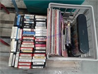 Crate of LP records, DVDs, box of 8-track tapes