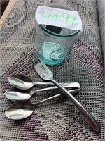 LEVI STRAUS GLASS TUMBLER 3 SPOONS 1 FORK