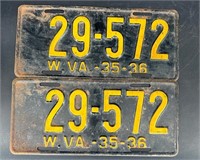 1935-36 WEST VIRGINIA LICENSE PLATE #29572 PAIR