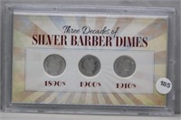 3 Decades of Silver Barber Dimes 3 Coin Set.