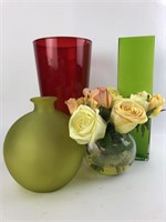 Four Glass Vases & Artificial Flowers