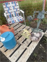 Lawn chair, lawn ornaments, 5 gallon jerry can,