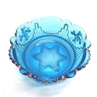 Vintage blue glass hand painted dessert bowl (F)