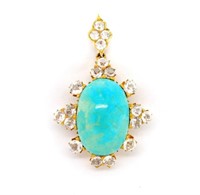 Turquoise and yellow gold pendant brooch