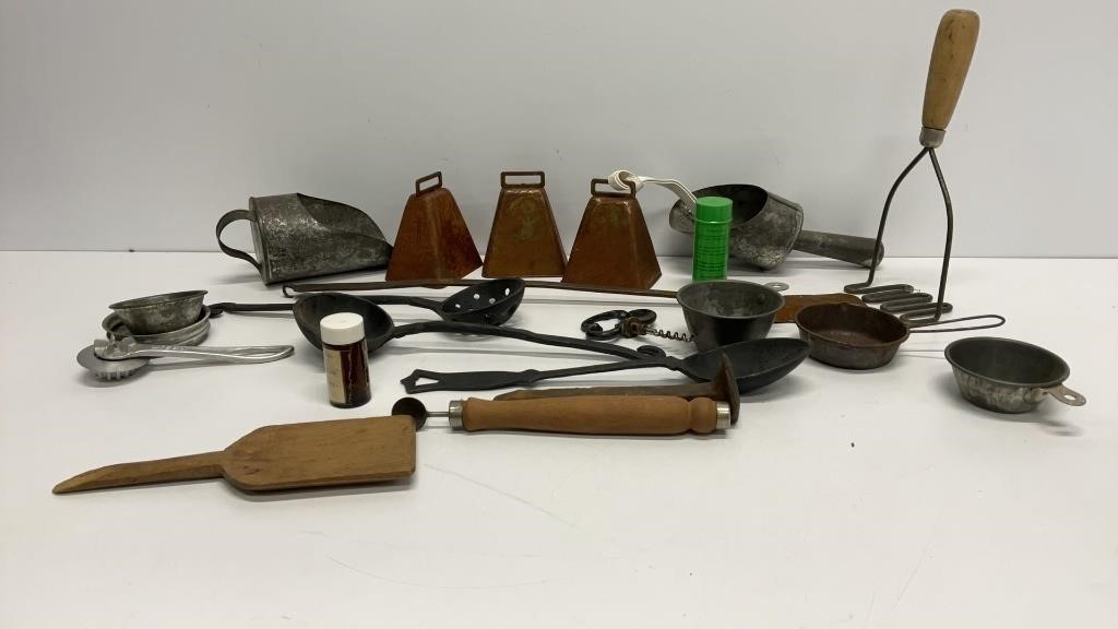 Vintage kitchen utensils and items: cast iron