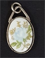 Vintage Silver Pendant Floral Pattern On Porcelain