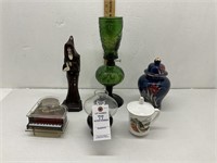 Decor- VTG Green Glass Oil Lamp, Wooden Monk