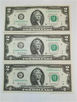 OF) Three Consecutive $2 Federal reserve notes