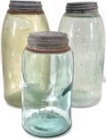 3 Mason's Antique Aqua Glass Jars