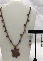 Turtle Charm Bead Necklace & Earrings Set Jewelry