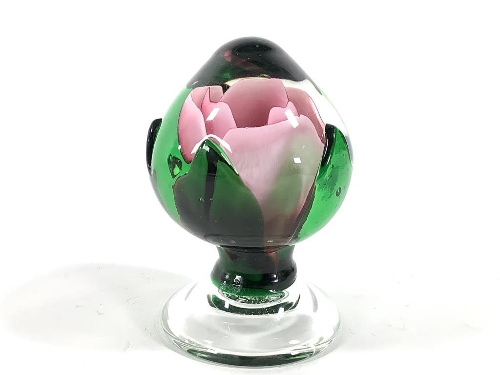 Joe St Clair Ruby Pedestal Rose Paperweight Signed