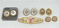 FOUR SETS OF EARRINGS W/ PINK ROSE BAR PIN