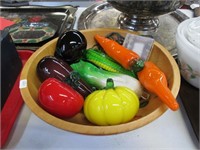 Glass Veggies in Painted Wood Bowl w/String Light.