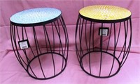 2 MOSAIC TOP BARREL END TABLE YELLOW AND BLUE