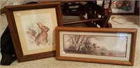 Two framed prints, rabbits and pheasants