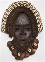 1' African Wood Mask w/ Cowrie Shells & bells,