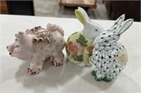 Two Porcelain Rabbits and Porcelain Pig