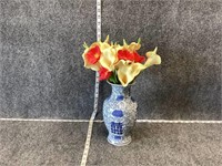 Faux Flowers in White and Blue Ceramic Vase