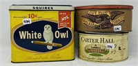 3 Vintage Tobacco Tins White Owl, Carter Hall &