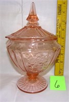 pink dep. candy dish w/lid (small rough on lid)