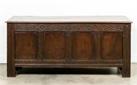 English Oak Paneled Coffer, Carved Frieze