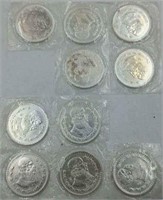 Collection of ten Mexican Silver One Peso coins