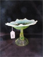 OPALESCENT VASELINE DOLPHIN COMPOTE 5.5"T