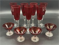 7 Morgantown Ruby Fluted Glasses & 4 Anchor