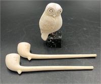 Hand Carved Stone Owl & 2 Japan Carved Pipes