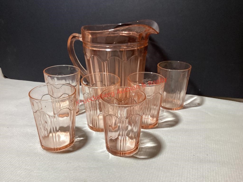 Pink Colonial Depression Pitcher & 6 Tumblers