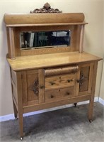 ANTIQUE OAK SIDEBOARD w MIRROR, VGC