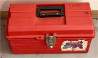 Red plastic tool box & contents; purple tool box &