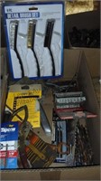 Box of drill bits ect and a box of assorted tools