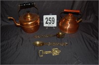 Copper Looking Kettles, Brass Spoons, and Bottle