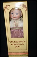 Collector's Porcelain Doll with White & Pink Dress