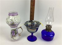Fenton style carnival glass compote, Oil lamps