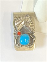 Horse Money Clip With Turquoise and Coral Stones