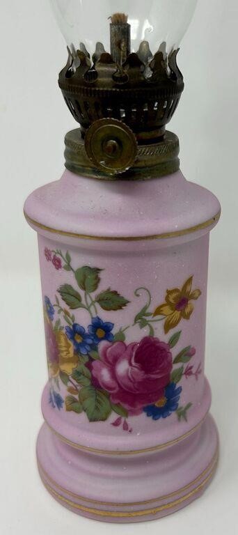 Pink Miniature Oil Lamp with Hand Painted Floral